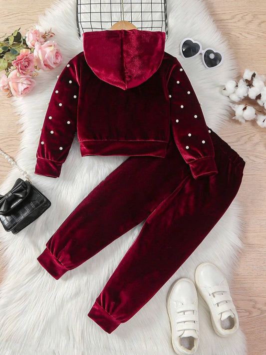 Young Girl Pearls Beaded Zip Up Hooded Jacket & Sweatpants