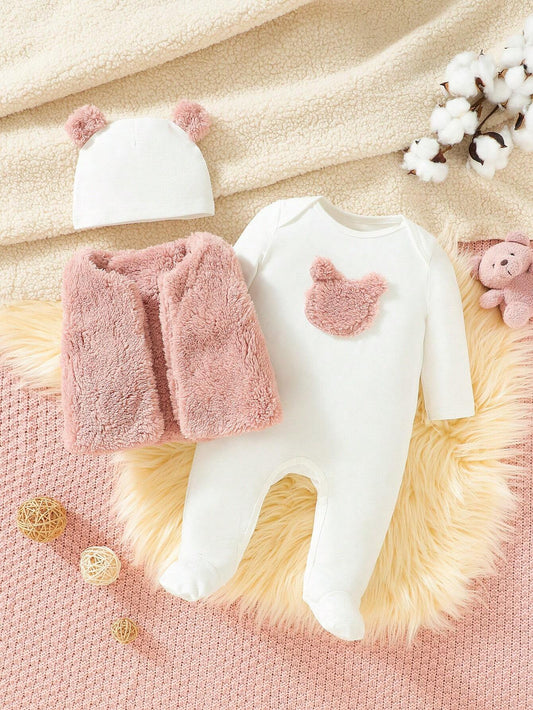 Baby Girl 3pcs Fleece Vest Set With Cute Embroidered Bear