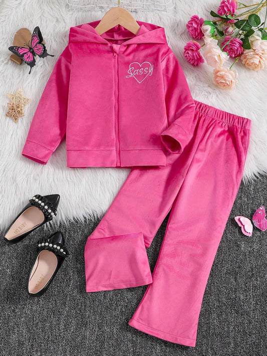 Young Girl Heart & Letter Embroidery Hooded Velvet Jacket & Flare Leg Pants