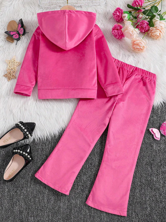 Young Girl Heart & Letter Embroidery Hooded Velvet Jacket & Flare Leg Pants