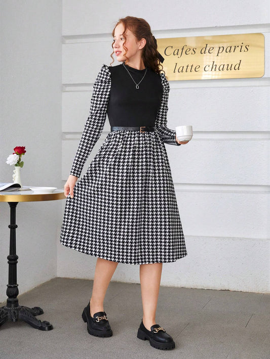 Teen Girl Houndstooth Print Gigot Sleeve Dress Without Belt