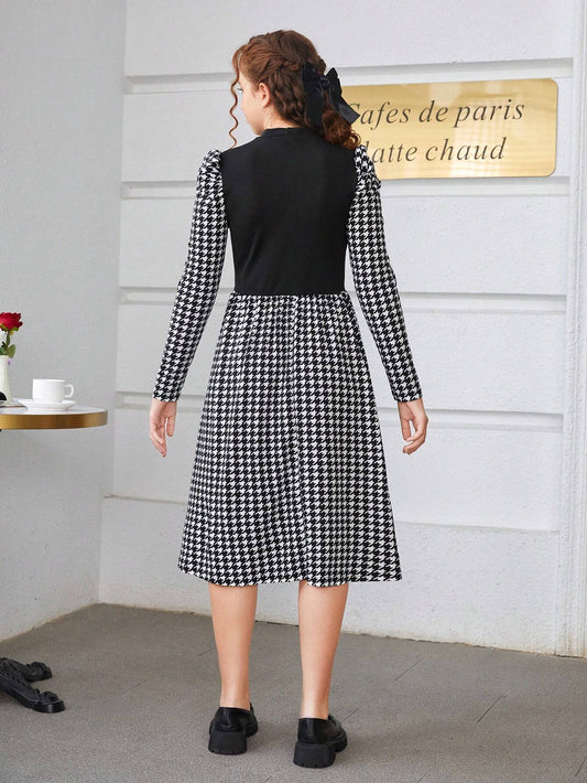 Teen Girl Houndstooth Print Gigot Sleeve Dress Without Belt