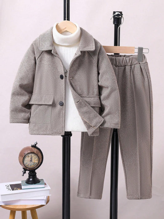 Young Boy Lapel Collar Suit Jacket And Casual Pants Set