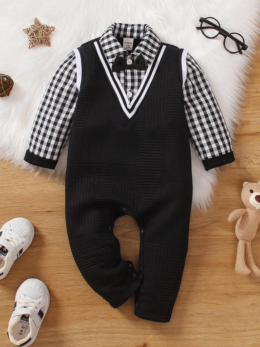 Baby Boy Gingham Print Shirt & Striped Trim Jumpsuit