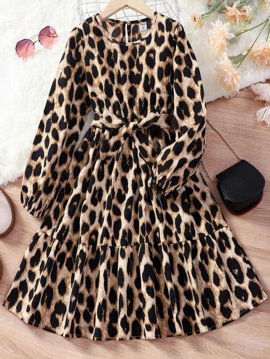 Teenage Girls' Leopard Print Lantern Sleeve Belted Dress