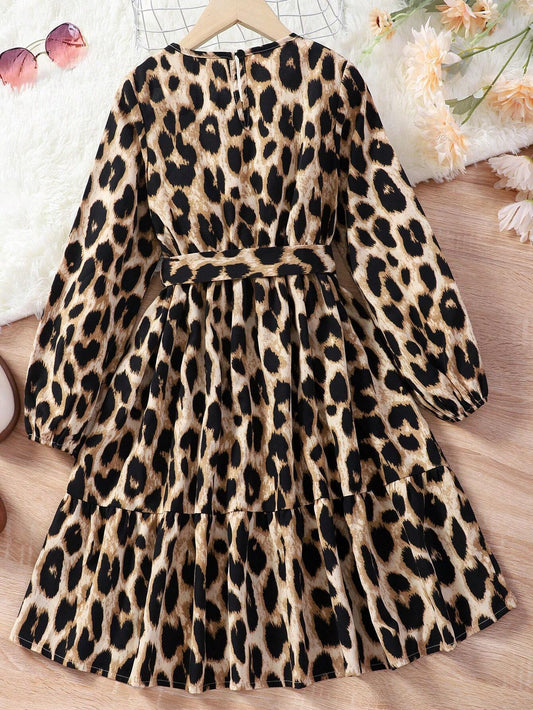 Teenage Girls' Leopard Print Lantern Sleeve Belted Dress