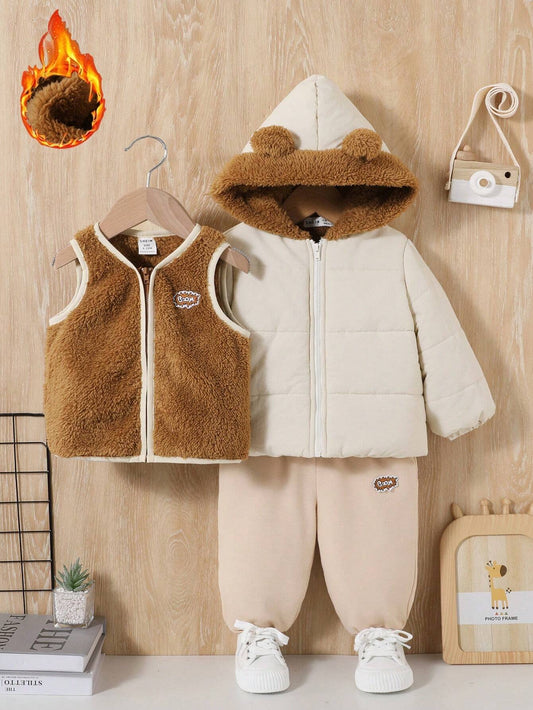 Baby Boy Teddy Lined 3D Ears Design Hooded Coat & Vest Jacket & Letter Graphic Pants