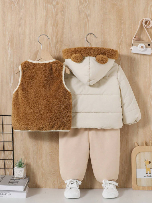 Baby Boy Teddy Lined 3D Ears Design Hooded Coat & Vest Jacket & Letter Graphic Pants