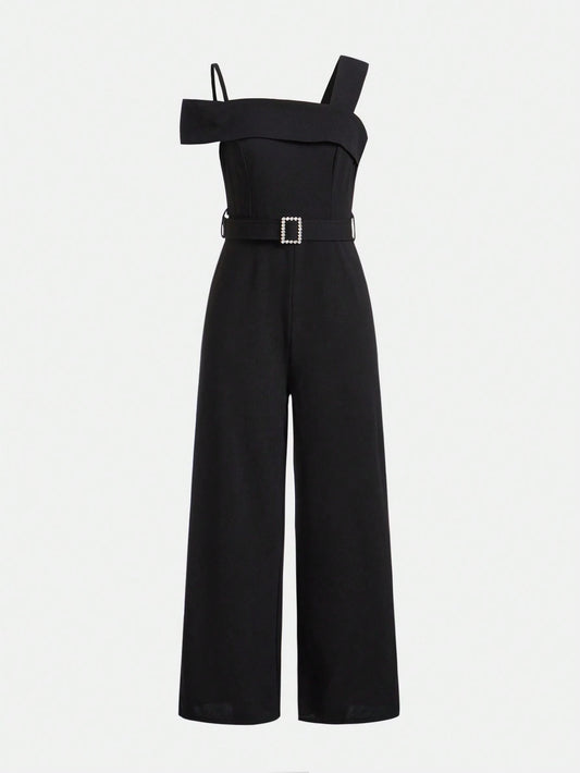 Teen Girls' Knitted Solid Color Jumpsuit With Rhinestone Decor Waist Belt