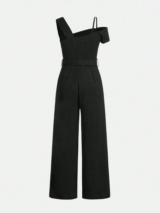 Teen Girls' Knitted Solid Color Jumpsuit With Rhinestone Decor Waist Belt