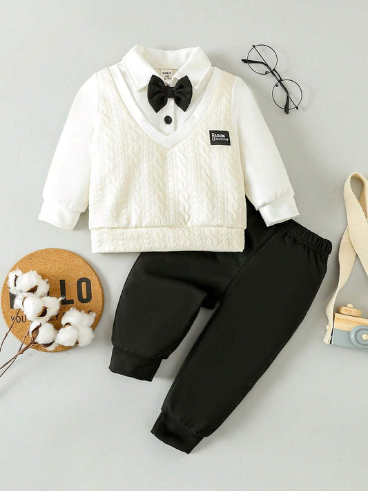 Souflis Baby Boys' Button Closure Long Sleeve 2-In-1 Sweatshirt And Pants With Detachable Bow Tie