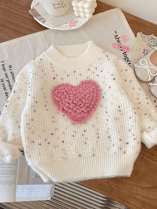 Tween Girls Heart & Polka Dot Jacquard Long Sleeve Sweater