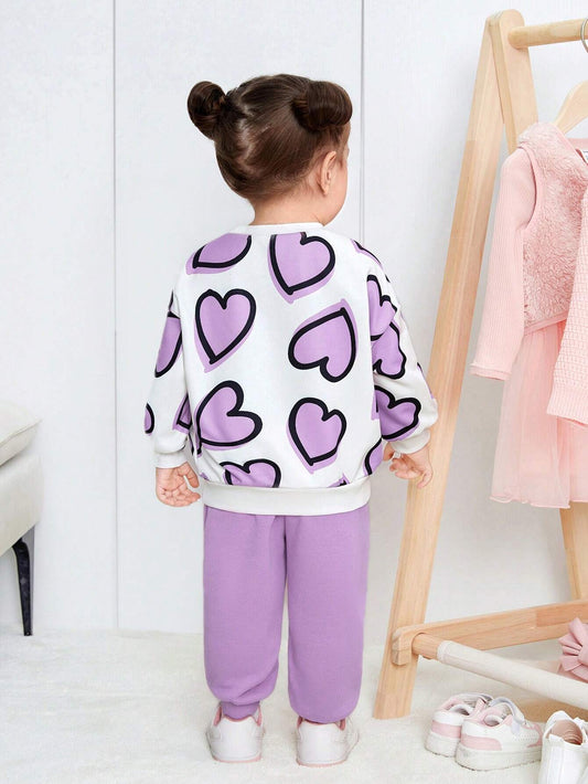 Baby Girl Casual Heart Patterned Long Sleeve Sweatshirt And Solid Color Pants Set