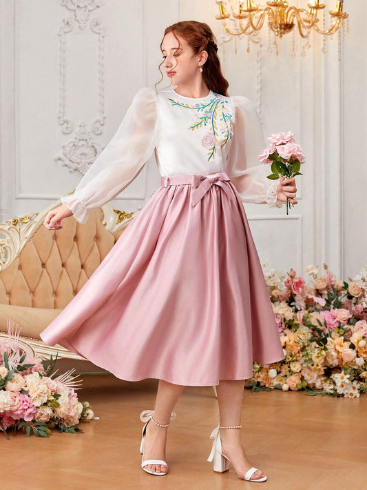 2pcs/Set Teenage Girl's Embroidered Puff Sleeve Shirt And Skirt