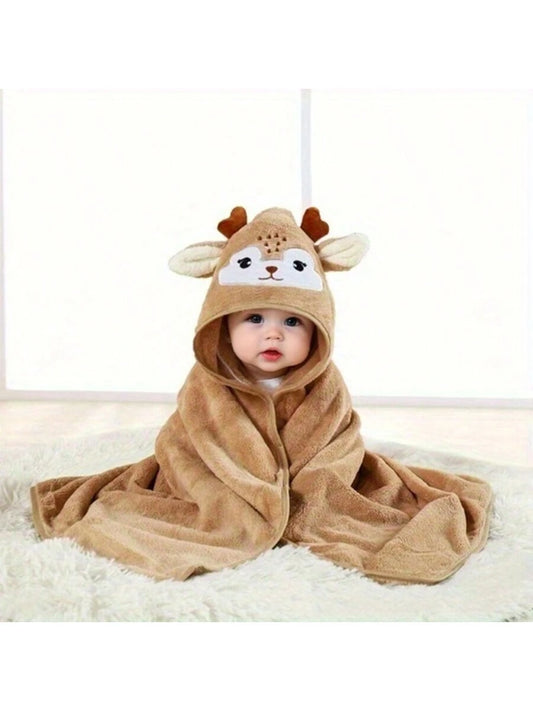 1pc Baby Swaddle Blanket Deer Cartoon Pattern Coral Fleece Bath Towel Soft Absorbent Skin-Friendly For Newborn Bathing