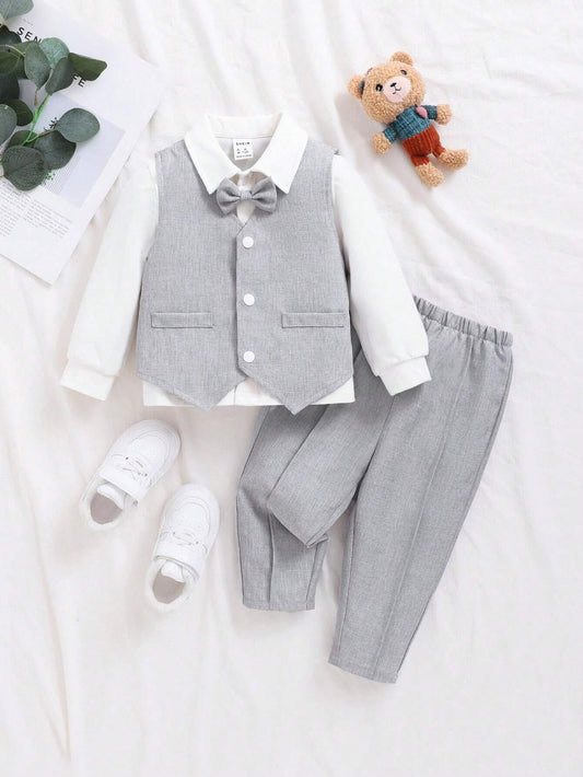 Baby Boys' Bow Tie Collar Casual Shirt Vest Long Pants Gentleman 3pcs/Set