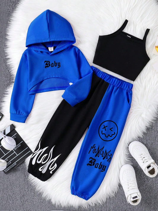 Young Girl Letter Graphic Crop Hoodie & Sweatpants & Cami Top