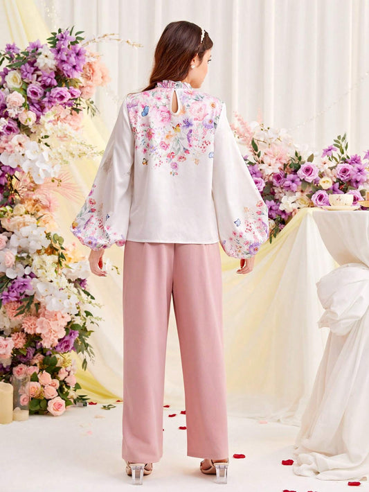 Teen Girl's Woven Floral Print Lantern Sleeve Shirt And Faux Pearl Button Decorated Pants Outfits