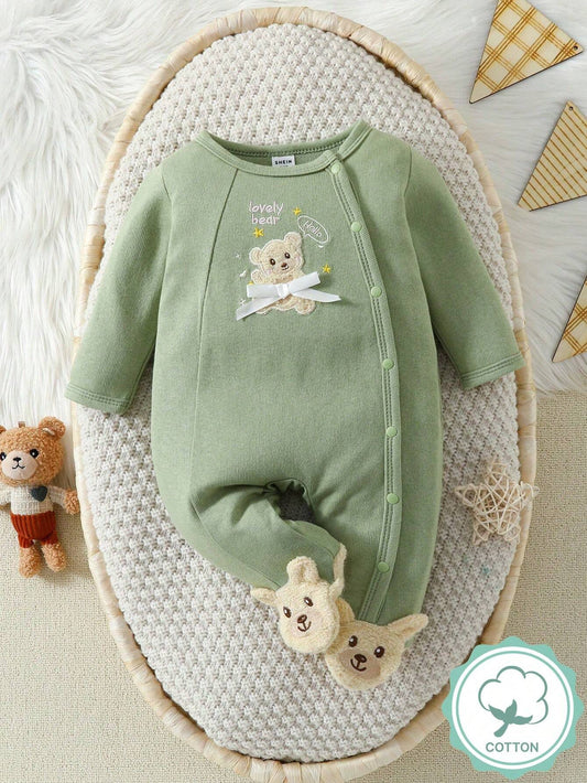 Baby Bear Embroidery Long Sleeve Sleepsuit With Footies