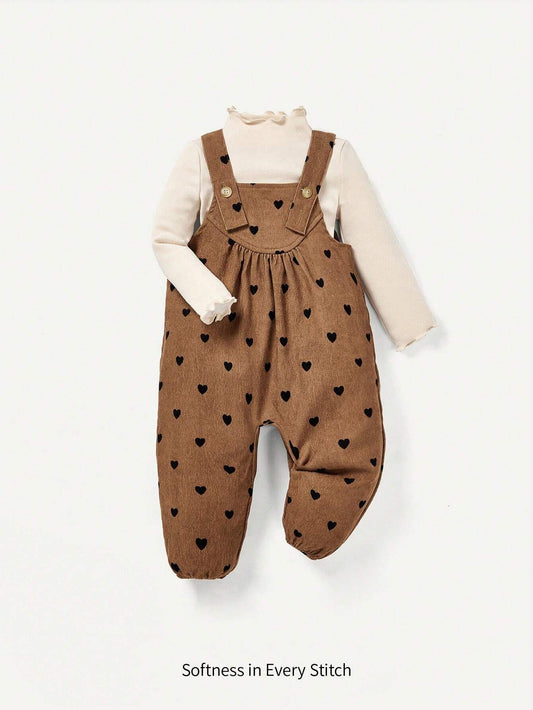 Cozy Pixies Baby Girl Lettuce Trim Tee & Heart Print Overall Jumpsuit