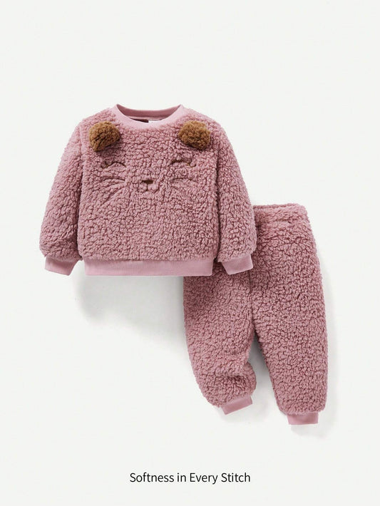 Cozy Pixies Baby Girl Cartoon Embroidery 3D Ears Design Teddy Pullover & Pants