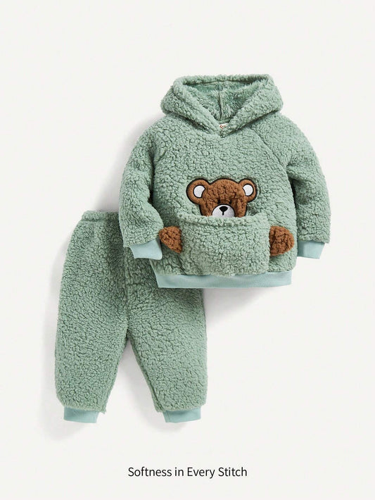 Cozy Pixies Baby Boy Bear Embroidery 3D Ears Design Teddy Hoodie & Pants