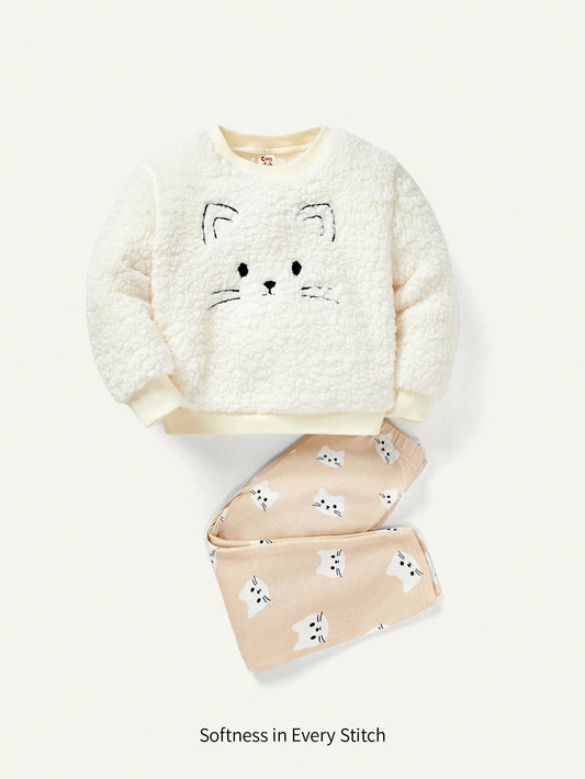 Cozy Pixies Baby Girl Cartoon Graphic Teddy Pullover & Pants