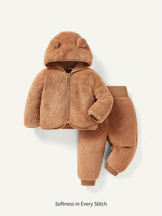 Cozy Pixies Baby Girl 3D Ear Design Hooded Teddy Jacket & Pants