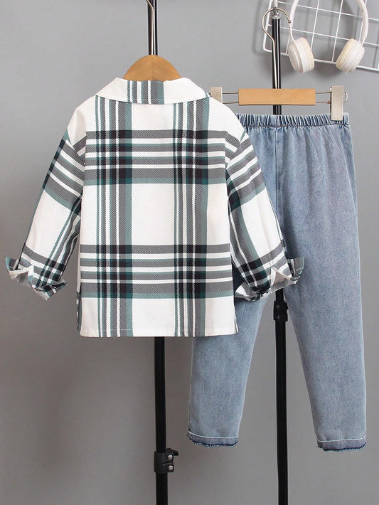 Young Boy Classic Plaid Collar Long Sleeve Shirt And Loose Jeans Outfit