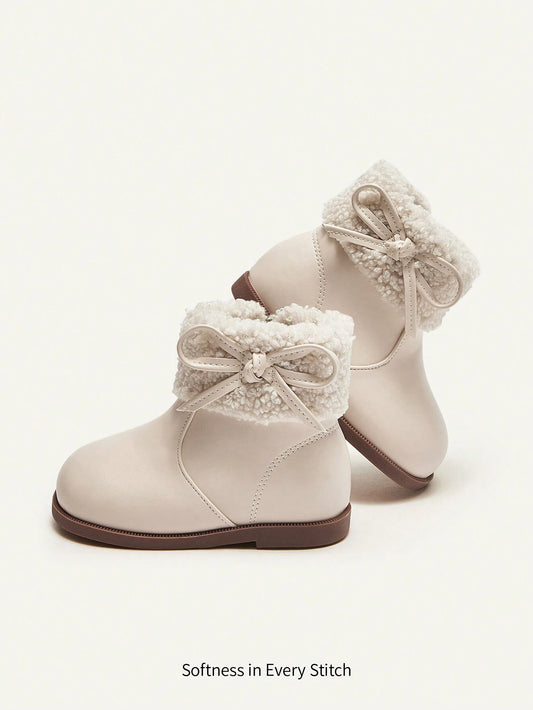 Cozy Pixies Cute Fashionable Bowknot Design Plush Lined Warm Baby Soft Sole Anti-slip Short Boots