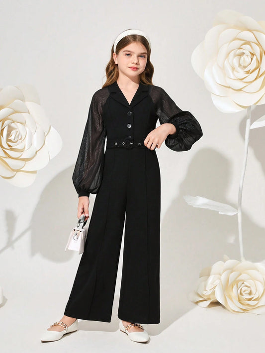 Tween Girl College Style Collar Spliced Fabric Long Sleeve Long Jumpsuit