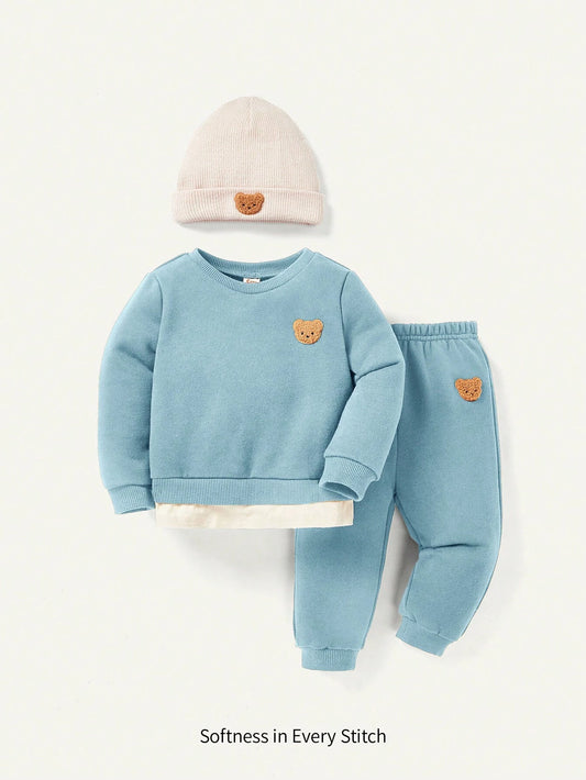 Cozy Cub Baby Boys' Adorable Bear Pattern Sweatshirt, Pants And Hat Set