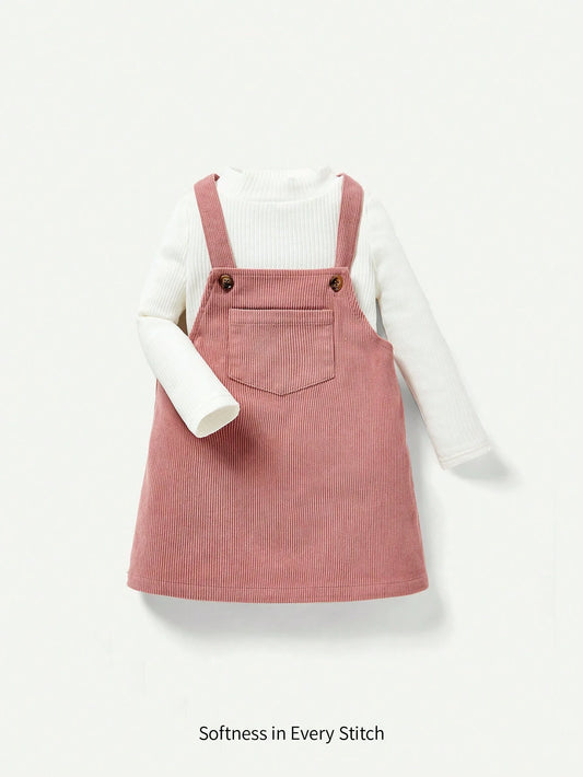 Cozy Pixies Baby Girl Mock Neck Tee & Pocket Front Overall Dress