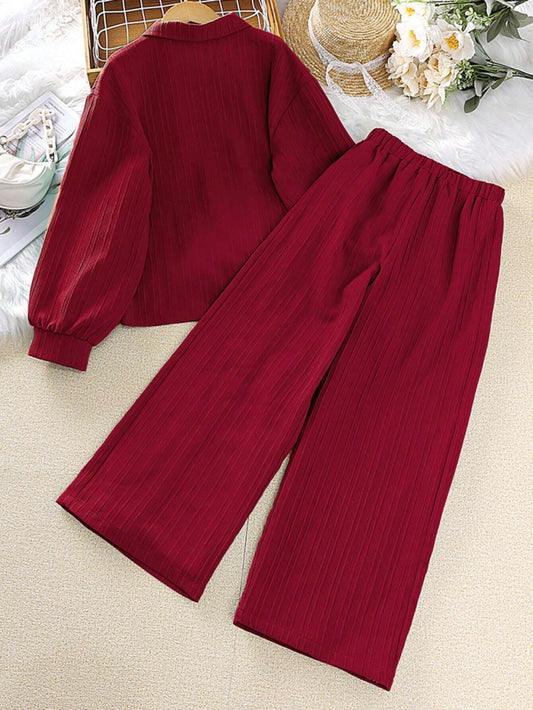 Tween Girl 2-Piece Set New Autumn Turn-Down Collar Long Sleeve Shirt And Long Pants