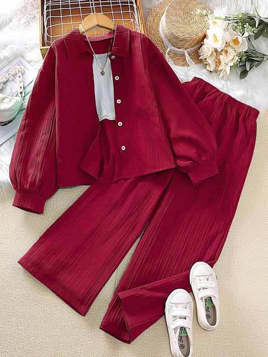 Tween Girl 2-Piece Set New Autumn Turn-Down Collar Long Sleeve Shirt And Long Pants