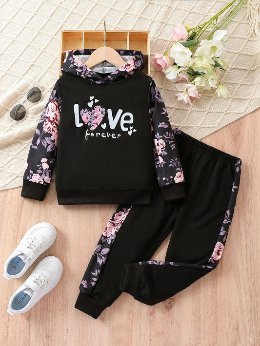 Young Girl Fashionable SpringAutumn Long Pants Set, Hooded Sweatshirt With Floral Lace And Casual Sports Outfit