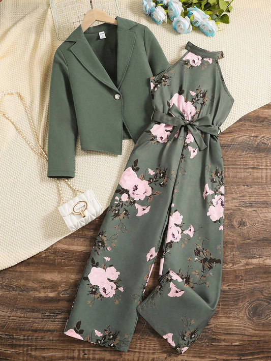 Tween Girl Solid Color Lapel Collar Long Sleeve Coat And Floral Print Halter Wide Leg Jumpsuit 2pcs