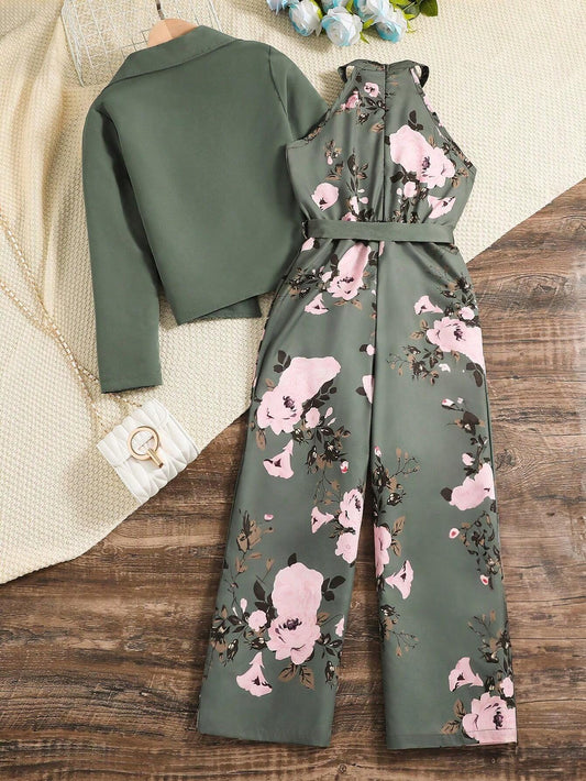 Tween Girl Solid Color Lapel Collar Long Sleeve Coat And Floral Print Halter Wide Leg Jumpsuit 2pcs