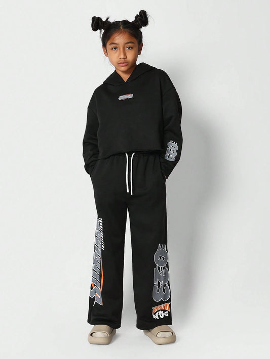 SUMWON Tween Girls Overhead Hoodie And Wide Leg Jogger With Print 2 Piece Set