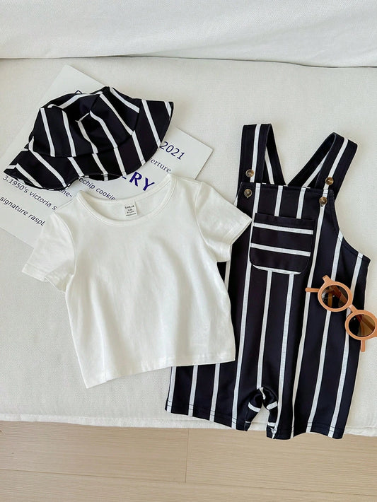 Baby Boy/Girl Casual Solid Color Short Sleeve T-Shirt Striped Overall Shorts Hat Outfit Set