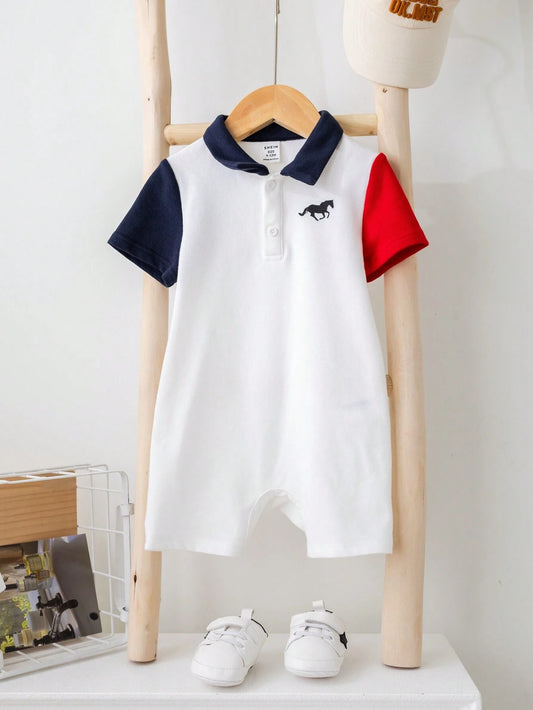 Baby Boy Color-Block Short Sleeve Half-Zip Polo Collar Romper With Snap Bottom