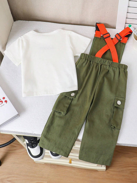 2pcs Baby Boy Casual Street-Style Workwear Suspender Pants Outfit, Korean Style