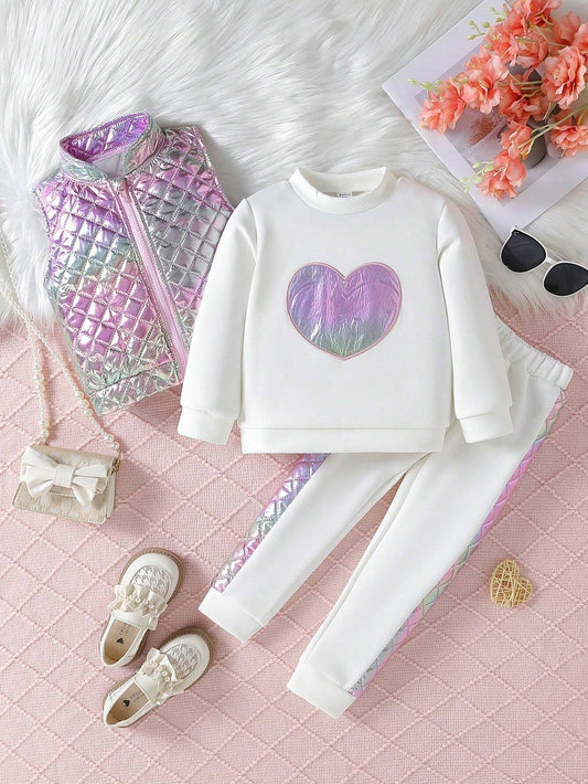 Young Girl Holographic Vest Quilted Coat & Mock-neck Pullover & Sweatpants