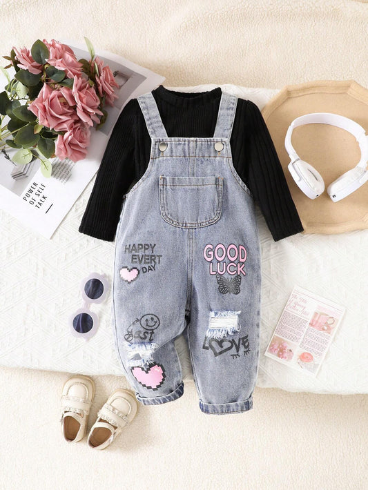 Streecool Kids Baby Girls' Solid Color Long Sleeve Top And Printed Overalls Set