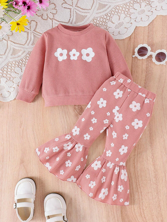 2pcs Baby Girls Cute Casual Printed Long Sleeve Sweatshirt And Flared Pants Set