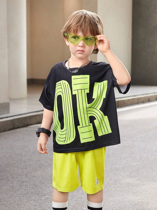 2pcs Street Style Loose Fit Round Neck T-Shirt With Big Letters And Elastic Waistband Decorative Bright Shorts Suit