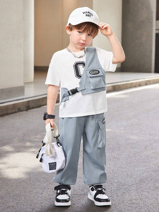 2pcs Young Boy Casual Comfortable Cargo Style Style Short-Sleeve Top Including Side Vest & Jogger Pants