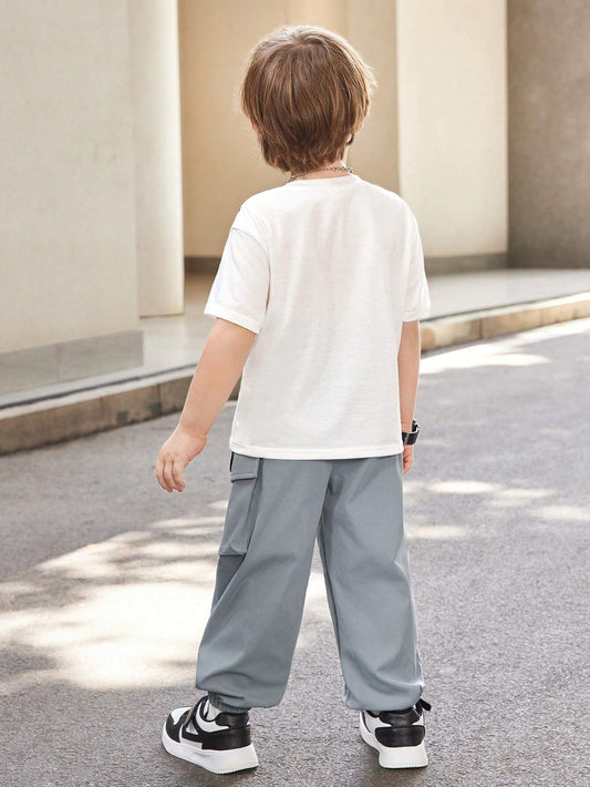 2pcs Young Boy Casual Comfortable Cargo Style Style Short-Sleeve Top Including Side Vest & Jogger Pants