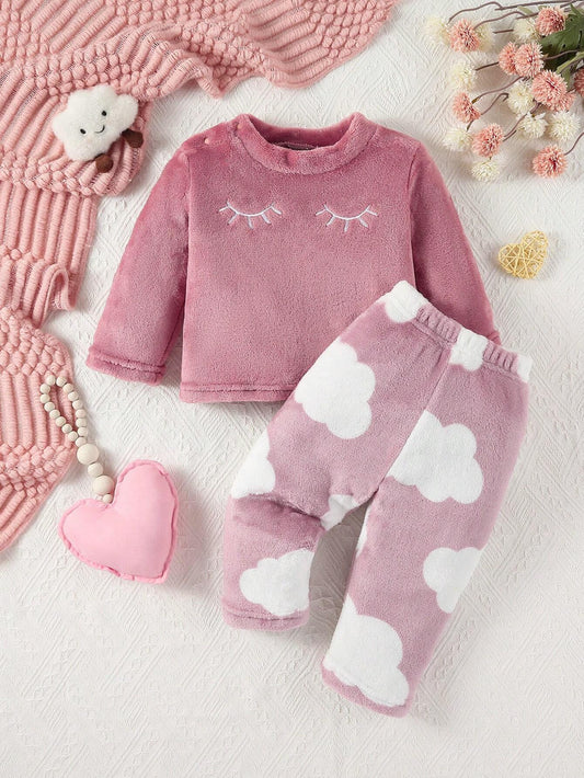 Baby Girls' Simple And Cute Plush Material Long Sleeve And Long Pants Casual Homewear Set