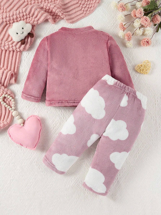 Baby Girls' Simple And Cute Plush Material Long Sleeve And Long Pants Casual Homewear Set